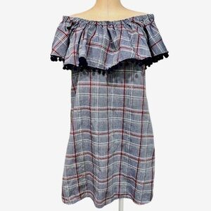 Seven Forty Two Chambray Summer Off the Shoulder Plaid Dress with Ruffle Collar